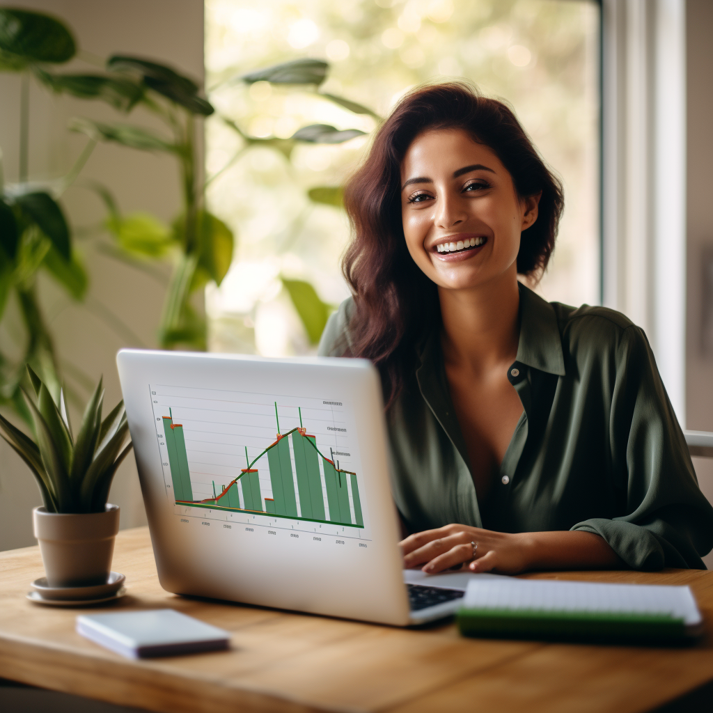 Smiling woman analyzing data.