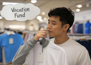 "Choosing clothes versus savings."

choosing clothes versus saving