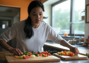 "Focused woman preparing vegetables." 