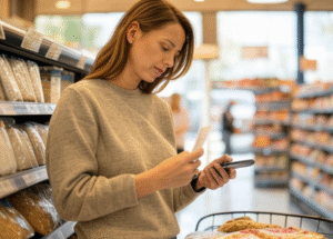 "Woman budgeting while shopping." 