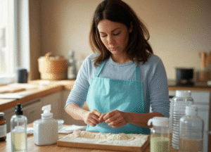 "Focused woman kneading dough." 
