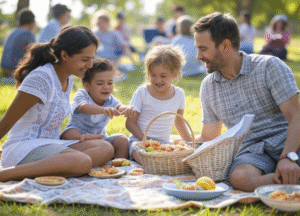 Family enjoying outdoor picnic together.