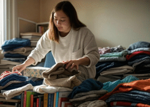 Woman folding laundry at home.
