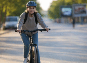 Girl riding bicycle on street.