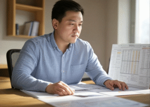 Man reviewing documents at desk.