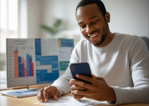 Man smiling at smartphone

