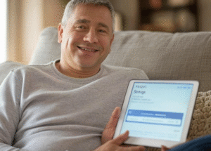 Man smiling holding tablet

