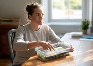 "Woman eating healthy salad."

