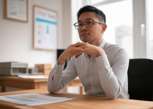 "Man thinking in office."

