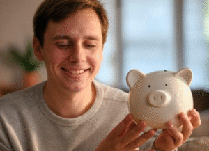 Smiling man holding piggybank 