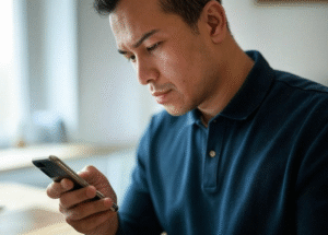 Man checking phone seriously 