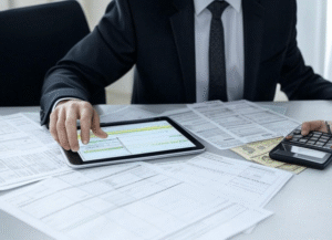 Businessman analyzing financial documents.