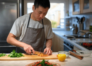 Man chopping vegetables kitchen.