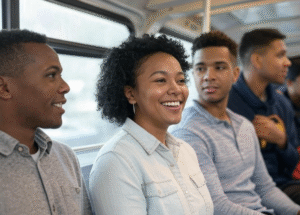 Friends talking on bus