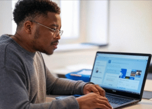 Man working on laptop.