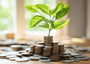 Plant growing from coins.