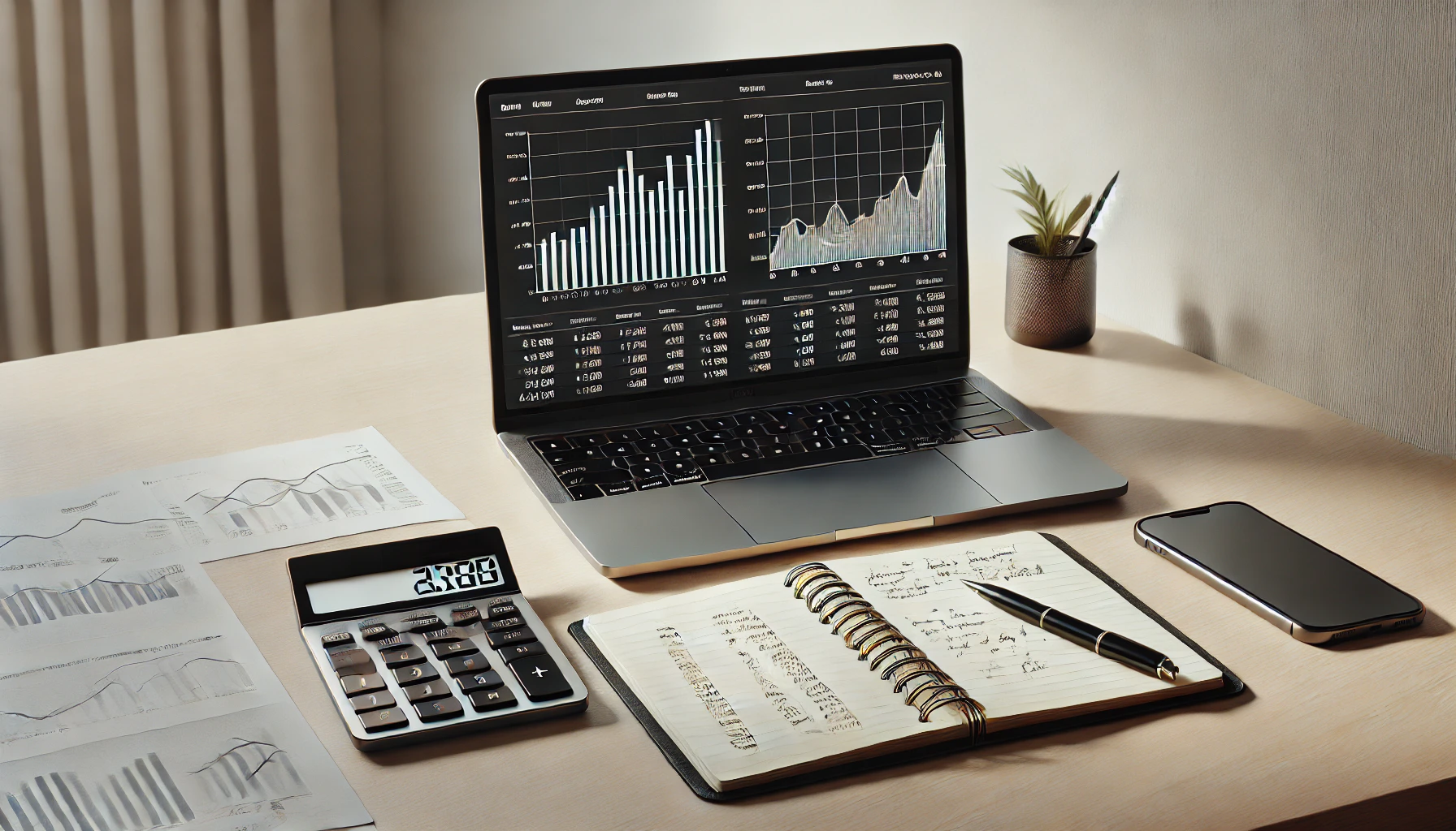 Minimalist workspace with financial tools