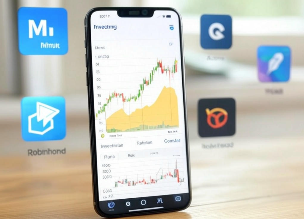 "Smartphone showing investment chart." 