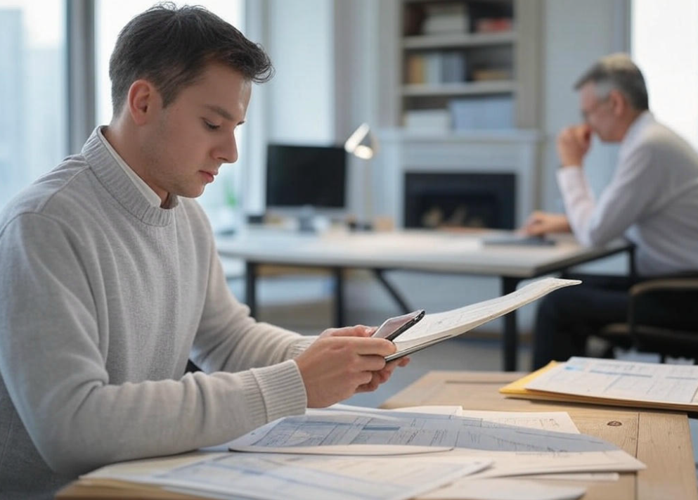 Man reviewing documents carefully.