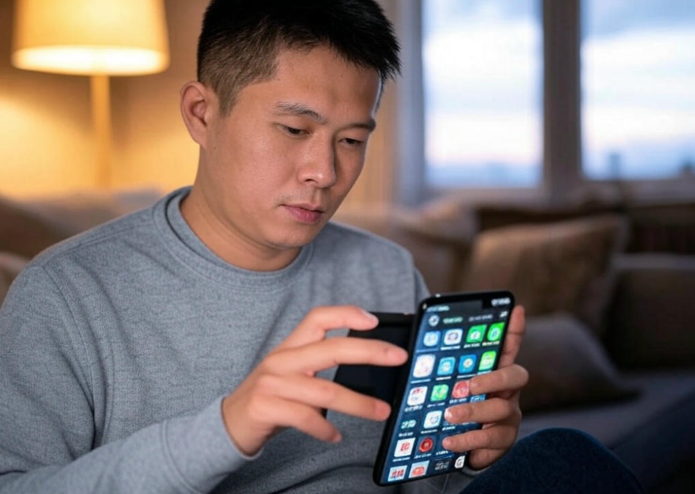 "Man using smartphone apps."

