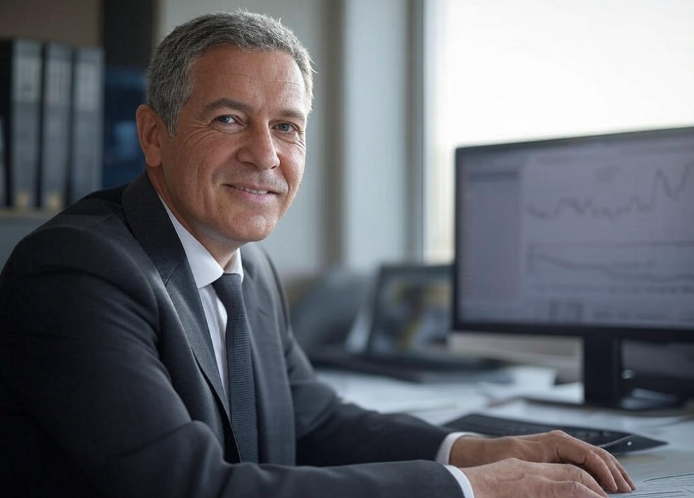 Smiling businessman at computer