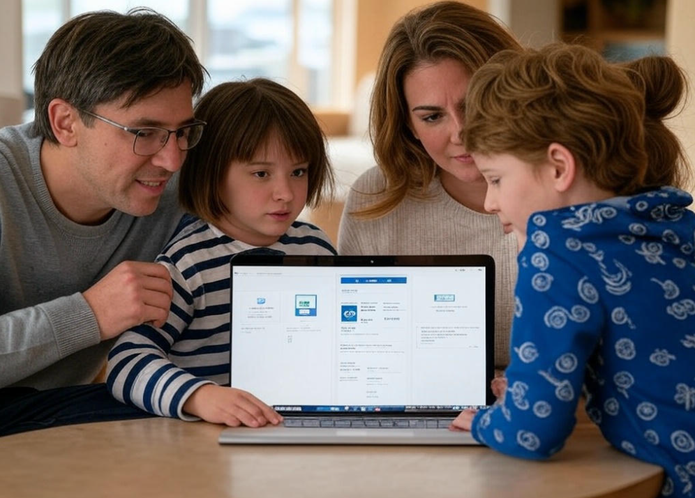 Family learning with laptop.