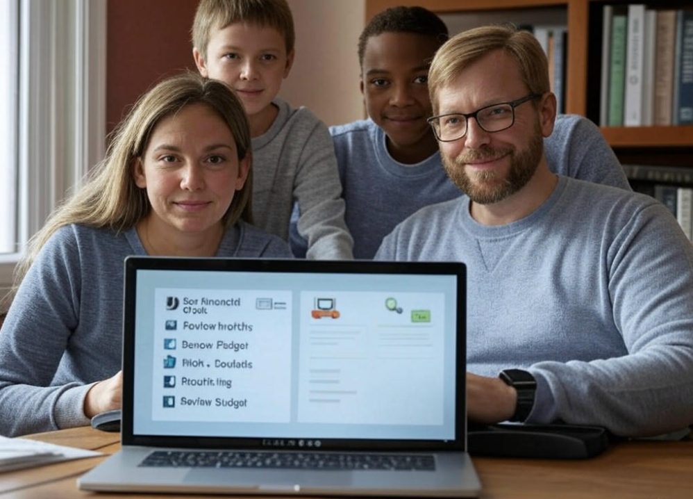 Family gathered around laptop.