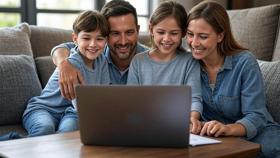 "Happy family using laptop"