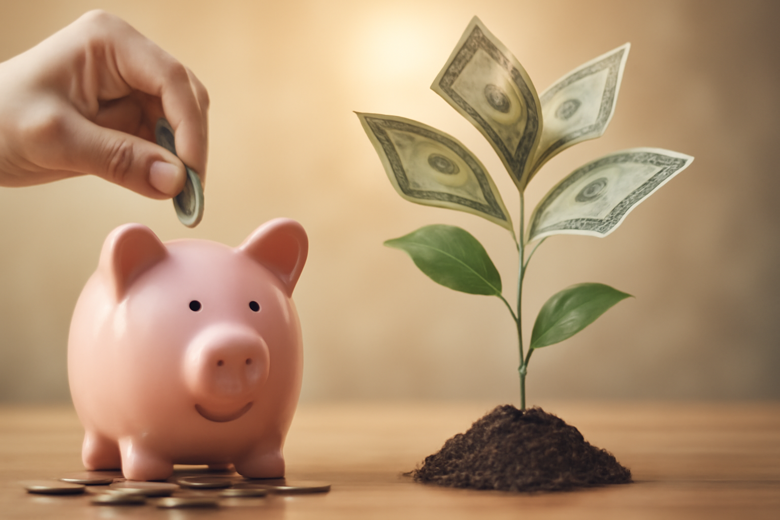 Piggy bank, money plant.








