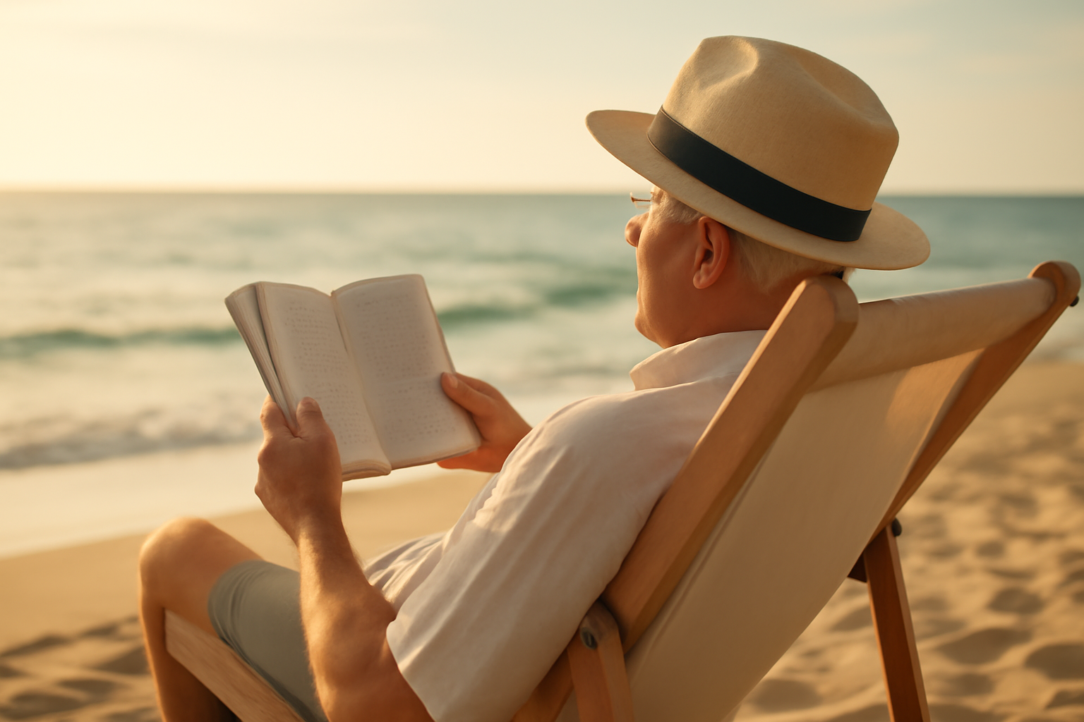 Elderly man reading beach.








