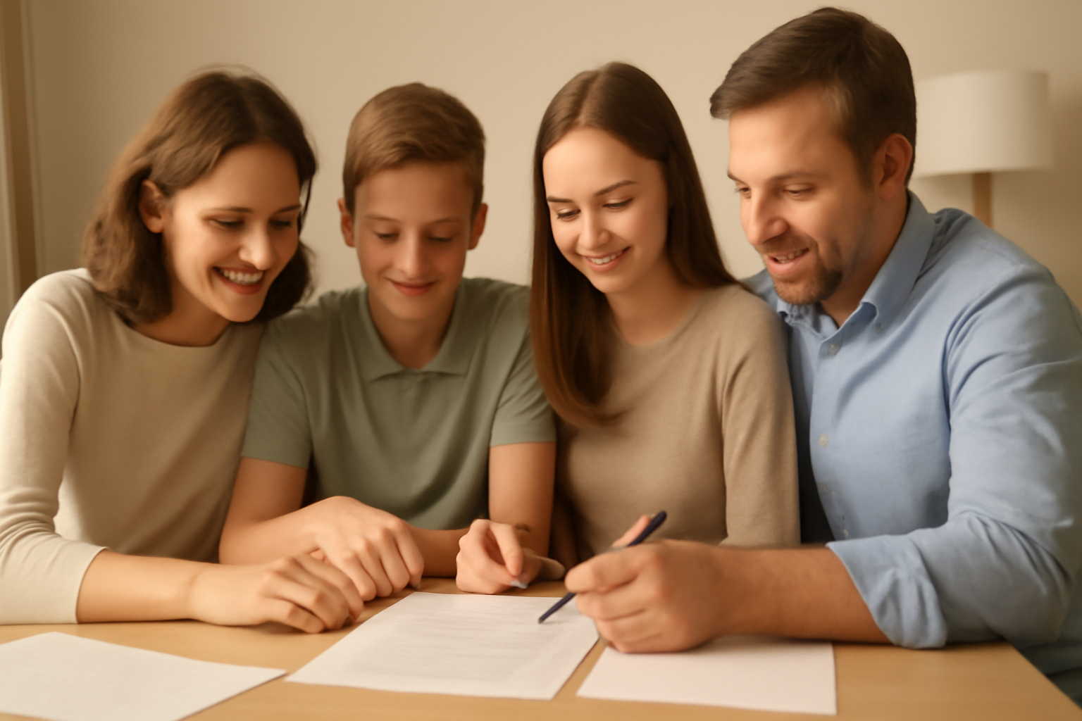 Family reviewing financial documents.








