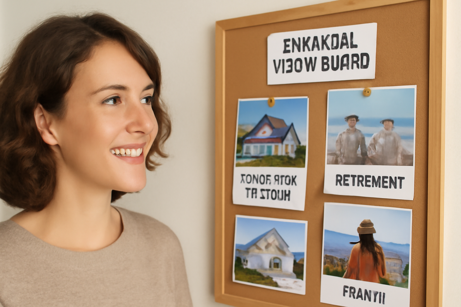 Smiling woman with vision board.








