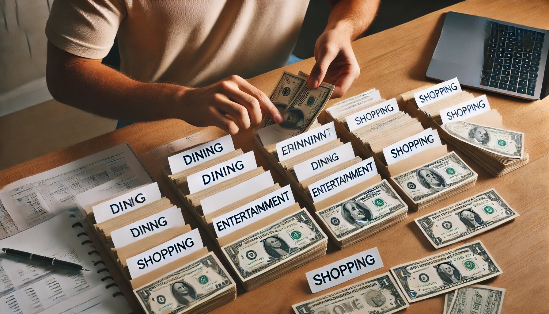 "Organizing cash into envelopes."






