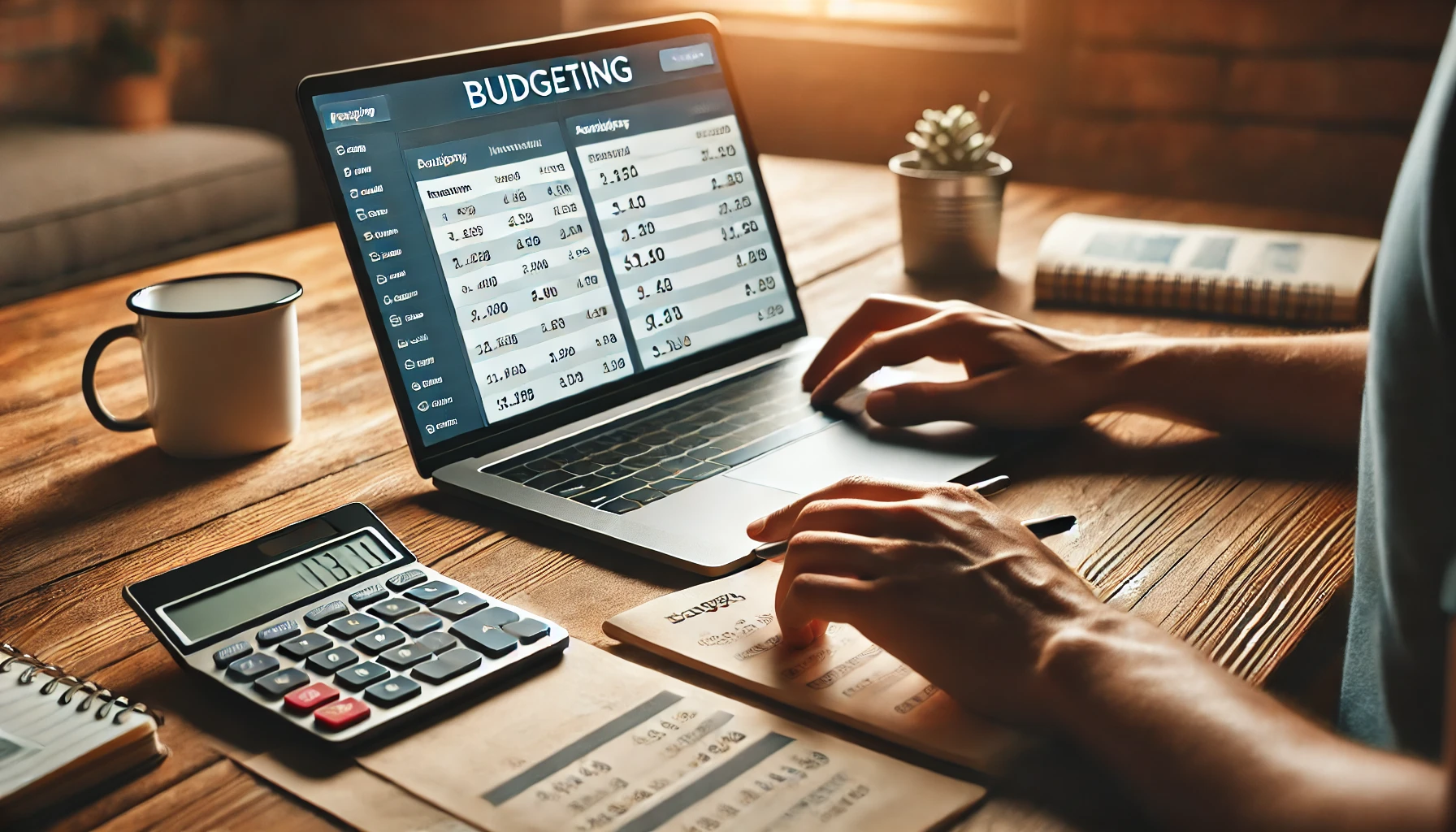 "Budgeting with laptop and calculator." 