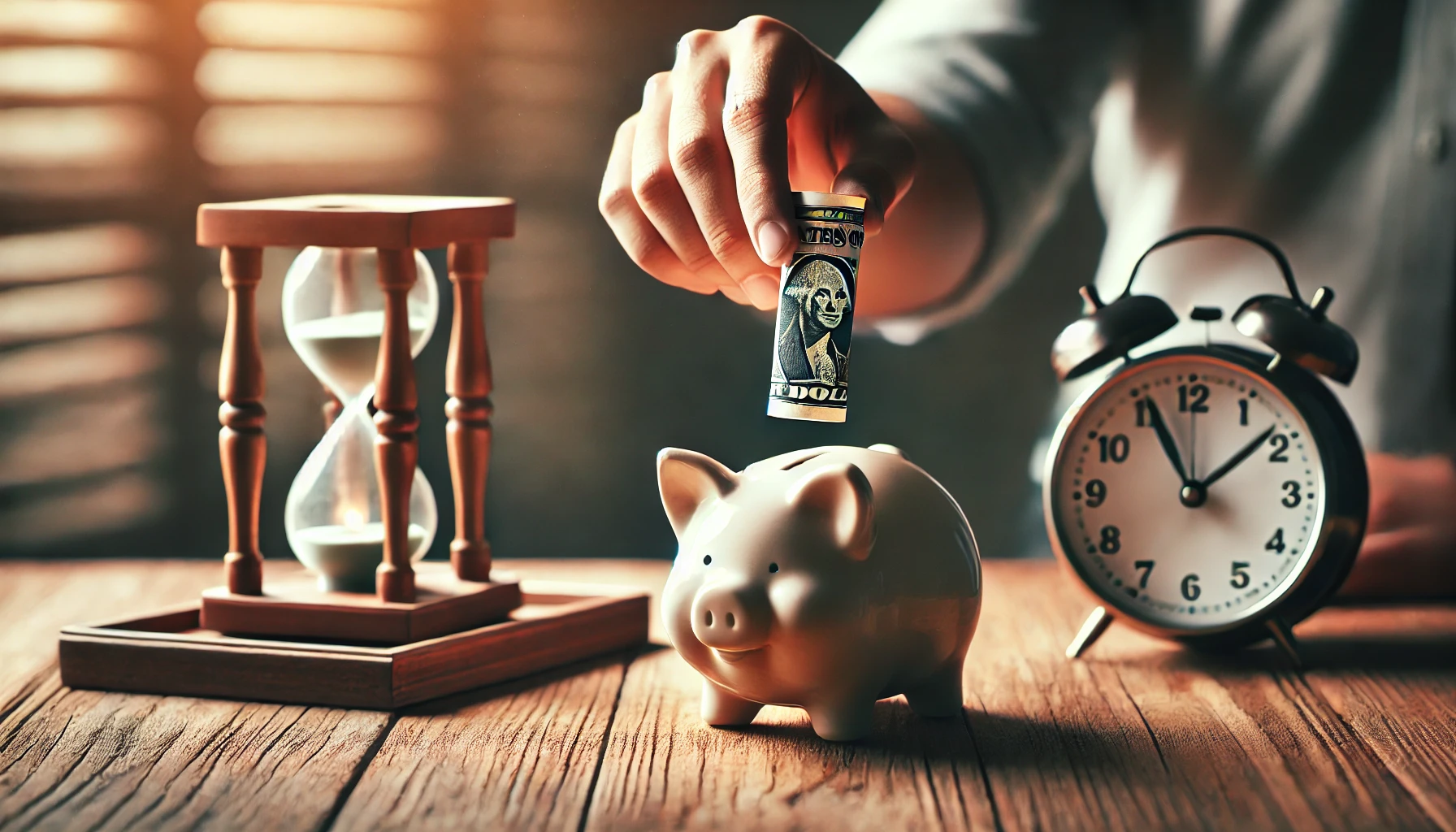 "Placing money into piggy bank." 