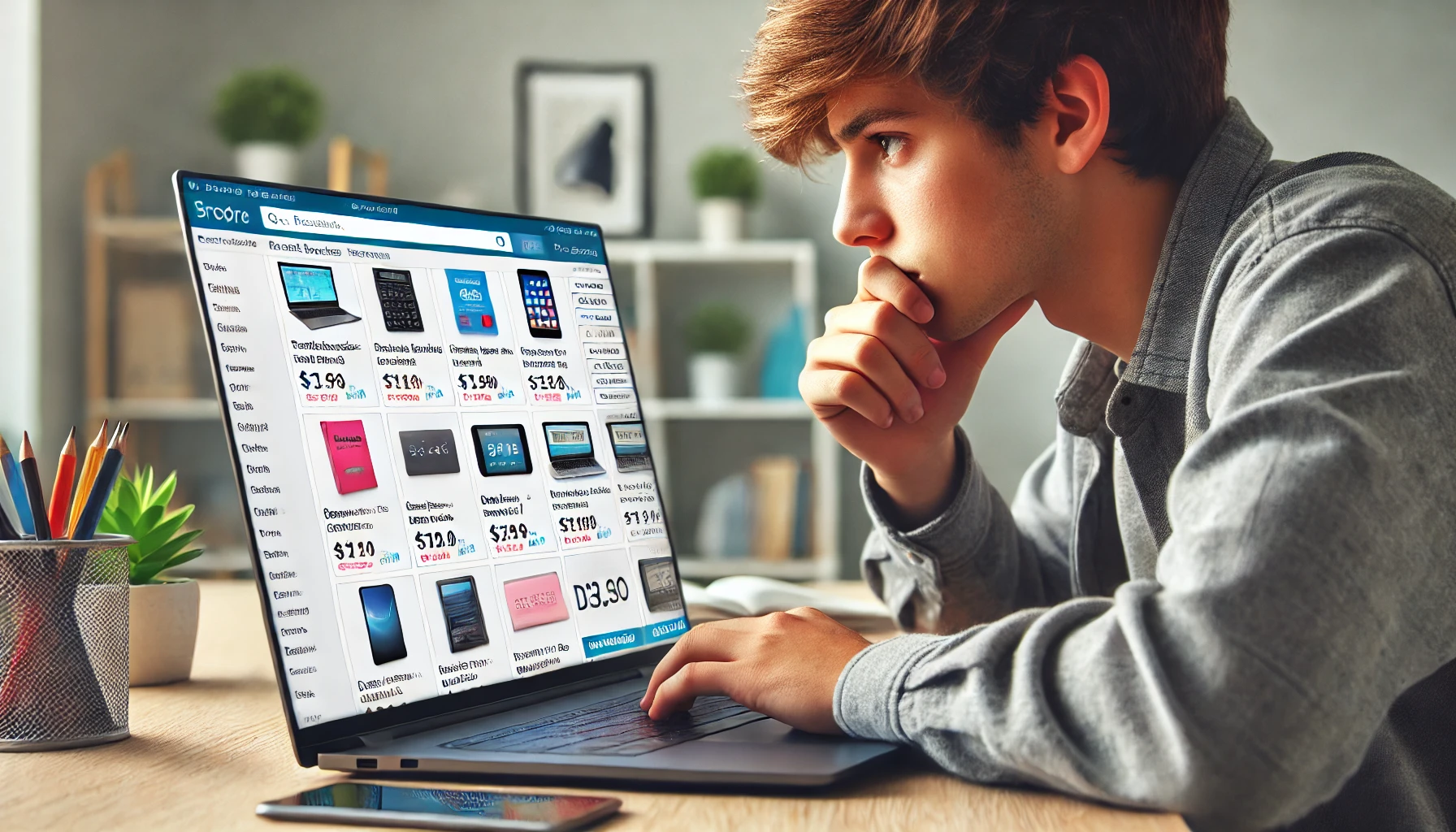 "Student comparing prices online."