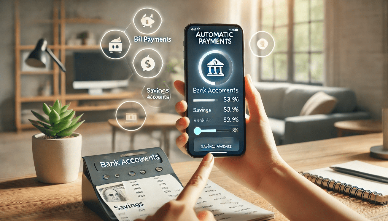 Person using a smartphone to set up automatic payments and savings, with bill payments, bank accounts, and savings accounts displayed on the screen. The background features a peaceful home office with soft lighting and minimalistic decor.