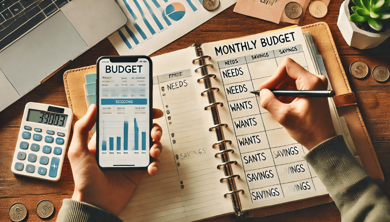 Person writing a monthly budget on a paper planner with labels for needs, wants, and savings. A budgeting app is open on the phone with visual representation of managing finances.