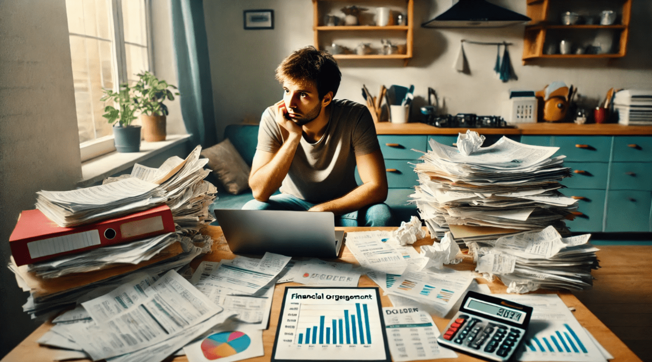 Stressed man managing finances
