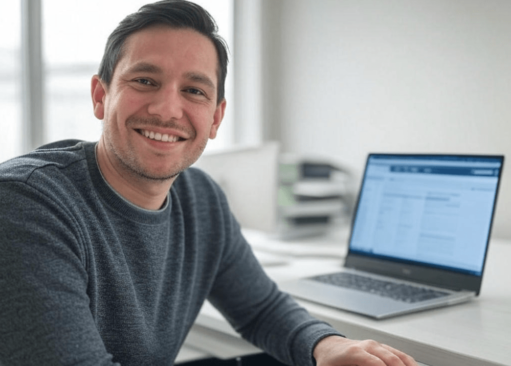Smiling man using laptop.