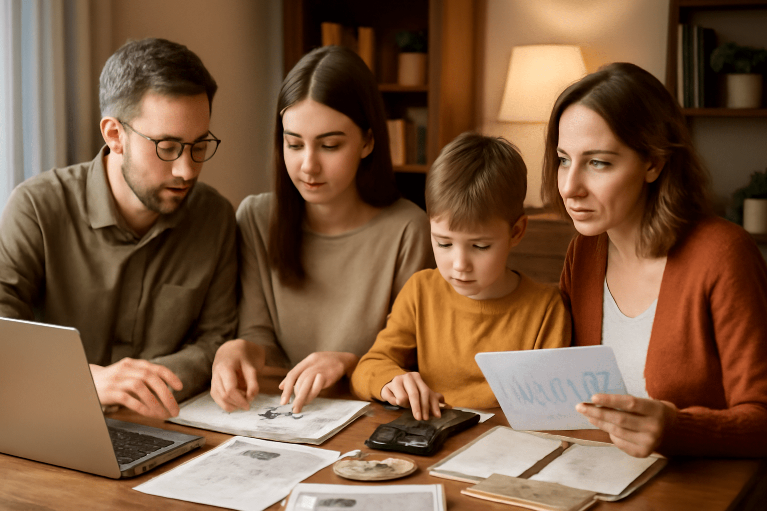 Family budgeting around table.