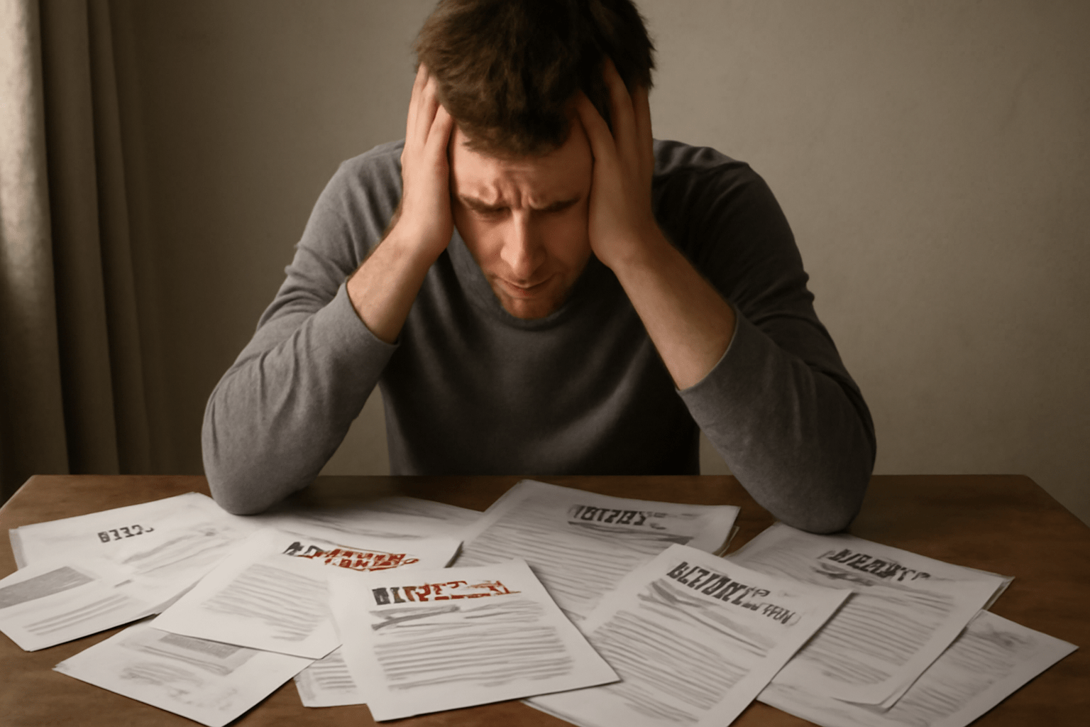 Person overwhelmed by bills.