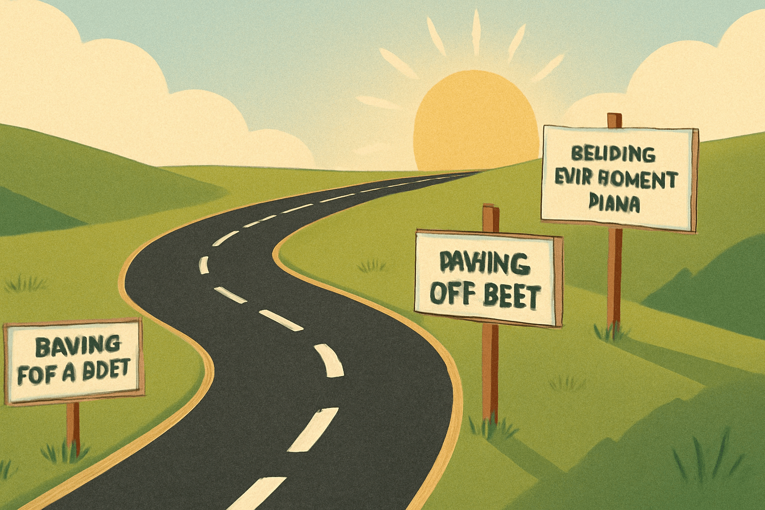 Visual representation of a financial journey with signposts to various financial goals