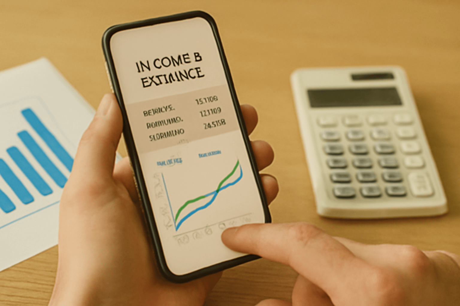 Person using budgeting app to assess income, expenses, and net worth