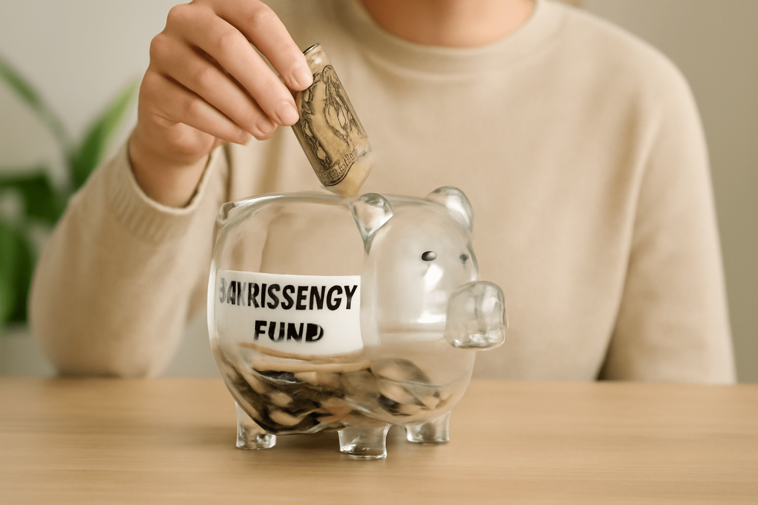 Person adding money to piggy bank.