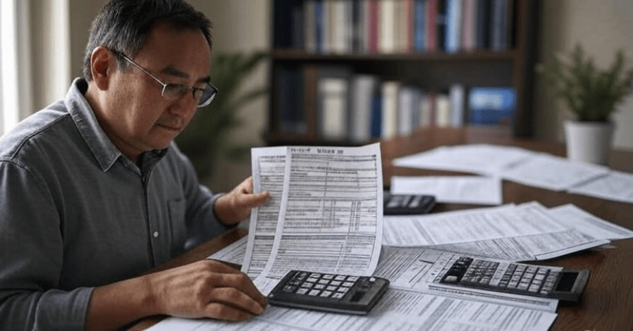 Person reviewing tax forms.