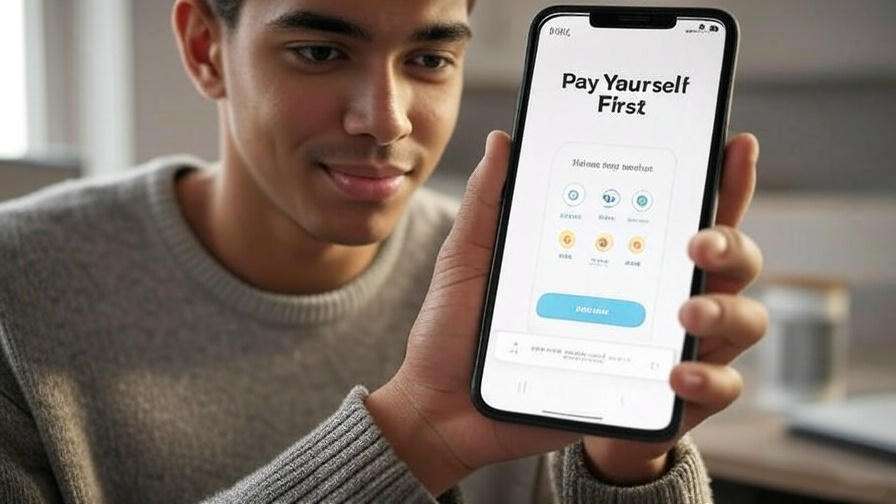 Person using smartphone, "Pay Yourself First" on screen, emphasizing savings priority.