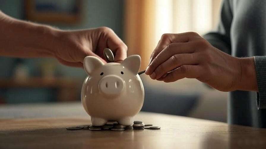 Hands filling piggy bank.