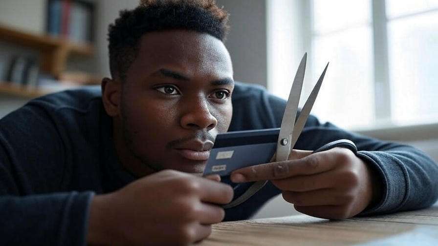 Person cutting credit card.