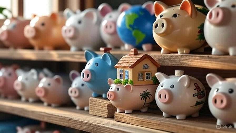 Colorful personalized piggy banks with house, globe, and beach themes on a wooden shelf for savings goals